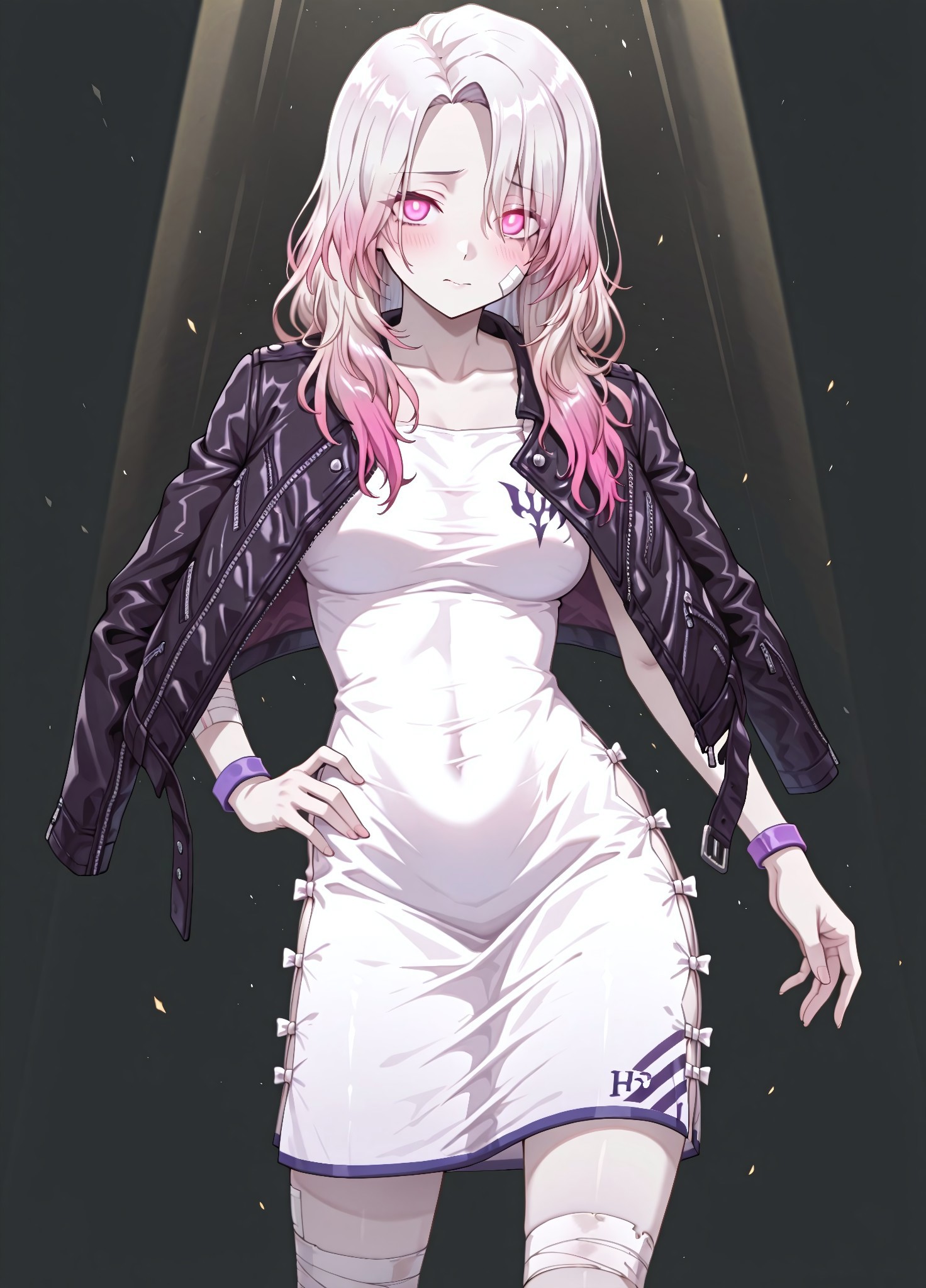 unholy-aesthetic, masterpiece, best quality, amazing quality, absurdres, 

uw_h3len, 1girl, solo, two-toned hair, gradient hair, white hair, pink hair, pink eyes, glowing eyes, pale skin, medium breasts, 

black jacket, leather jacket, draped over jacket, white dress, purple wristband, bandage, bandaged leg, 

shy, standing, hands on the hips, counterpose, cowboy shot, looking at viewer, standing, simple background, black background, spotlight, 