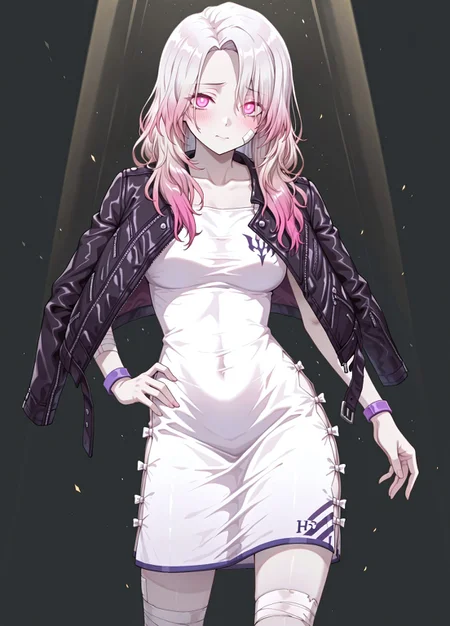 unholy-aesthetic, masterpiece, best quality, amazing quality, absurdres, 

uw_h3len, 1girl, solo, two-toned hair, gradient hair, white hair, pink hair, pink eyes, glowing eyes, pale skin, medium breasts, 

black jacket, leather jacket, draped over jacket, white dress, purple wristband, bandage, bandaged leg, 

shy, standing, hands on the hips, counterpose, cowboy shot, looking at viewer, standing, simple background, black background, spotlight, 