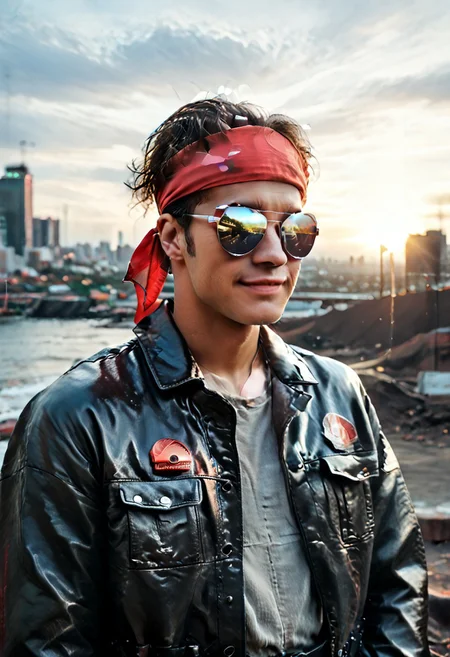 score_9, score_8_up, score_7_up, amazing quality, ((single character)), full profile photo, 80s cyberpunk, 80s movie with film grain, (waist up character focus:1.5), industrial cyberpunk city with neon advertisements, outdoors, dark sky,
BREAK, a Korean American man with smirk, (standing and cracking his knuckles:1.2), wearing a black leather jacket and a grey shirt with crimson kanji symbols, (wearing black aviators and a red headband (Bandana):1.3), wavy combed hair,