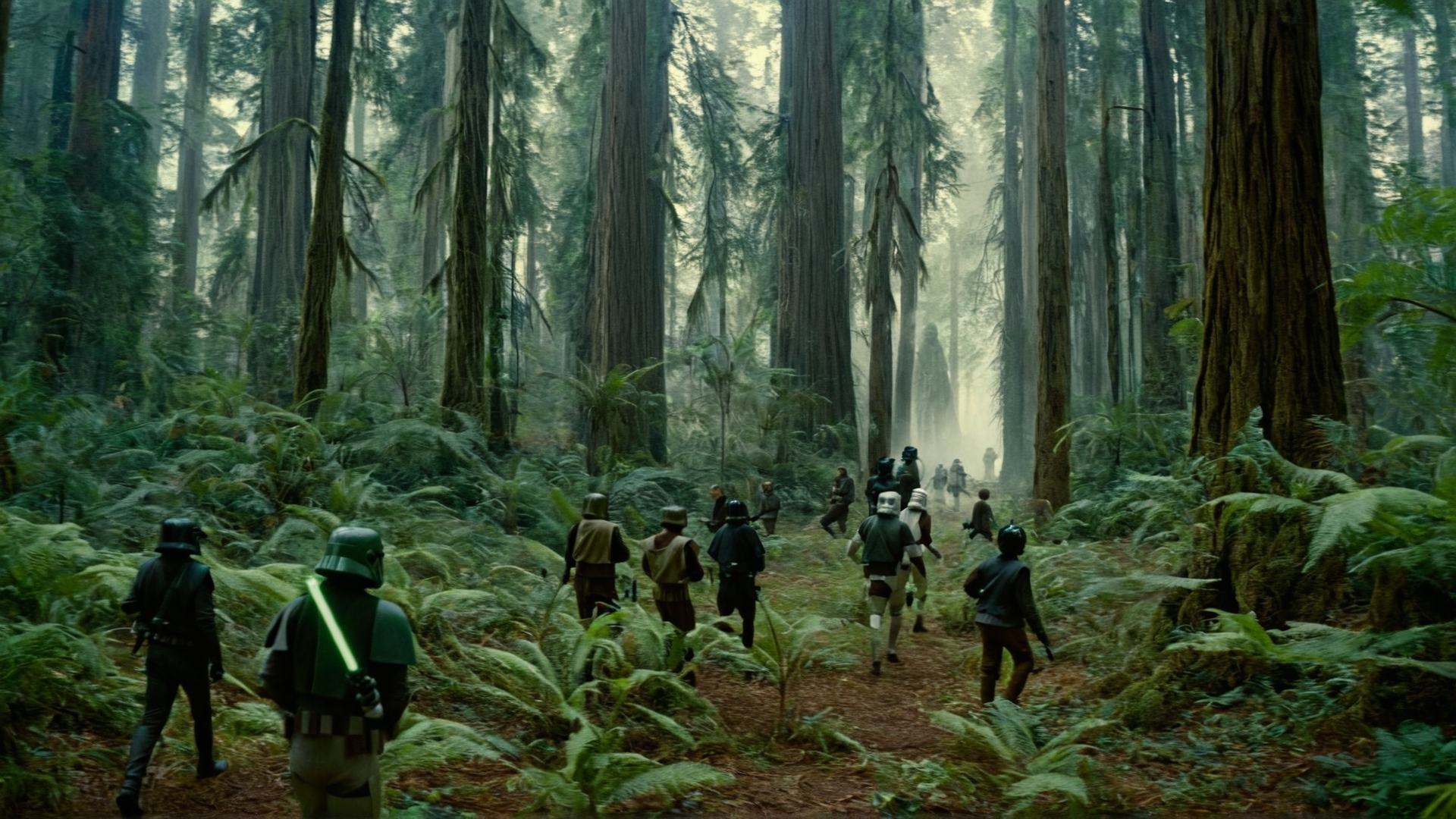 cinematic film still of  <lora:star wars style:0.2>
<lora:detailed:0.4> detailed
<lora:perfection style:0.4> perfect
<lora:PerfectEyesXL:0.5>
 <lora:Chiaroscuro Lighting Style:0.3>
 <lora:Endor:0.9>
Endor a group of people walking through a forest,in star wars style,weapon,outdoors,multiple boys,day,sword,2boys,tree,sunlight,plant,nature,scenery,forest, shallow depth of field, vignette, highly detailed, high budget, bokeh, cinemascope, moody, epic, gorgeous, film grain, grainy