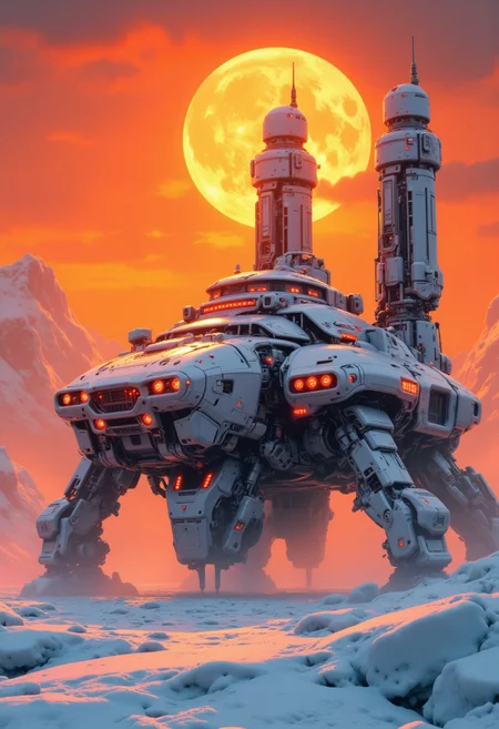 CAICO, Inkpunk Anime, orange and white theme, detailed photorealistic image, a_skynet_cyberdyne_craft, the image is featuring a moonlit scene of a Cyberdyne armoured fortress on a glacial landscape of ice and snow, with gleaming towers, white and gunmetal grey alloy surfaces with high-end circuitry, red glowing diodes and lights, giving a highly advanced, industrial military look, with large plasma cannons and rocket launchers; large depth of field. Sunset, the sky is a vivid orange