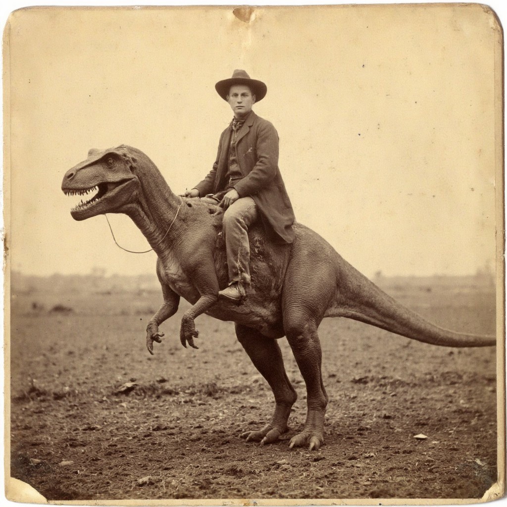 An aged worn sepia monochrome 1800s photograph of a cowboy riding a (t-rex):3 dinosaur, two short front legs that don't touch the ground