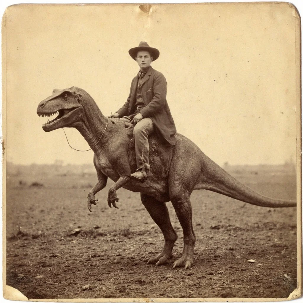 An aged worn sepia monochrome 1800s photograph of a cowboy riding a (t-rex):3 dinosaur, two short front legs that don't touch the ground