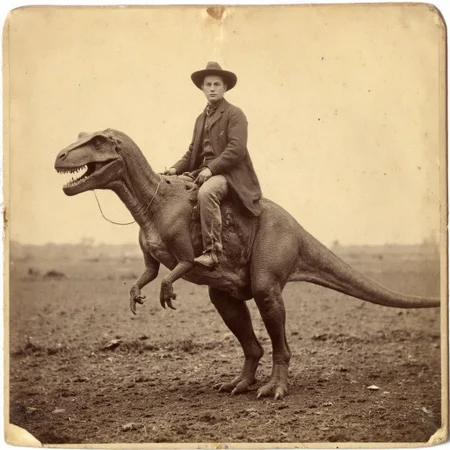 An aged worn sepia monochrome 1800s photograph of a cowboy riding a (t-rex):3 dinosaur, two short front legs that don't touch the ground