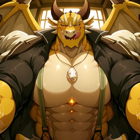 masterpiece, best quality, amazing quality, 1boy, solo, OphionTas, wings, broken tusk, black shirt, jacket on shoulders, open shirt, necklace, suspenders, big muscular, big muscles, big pecs, pov, hand on viewer, smug, tongue out
