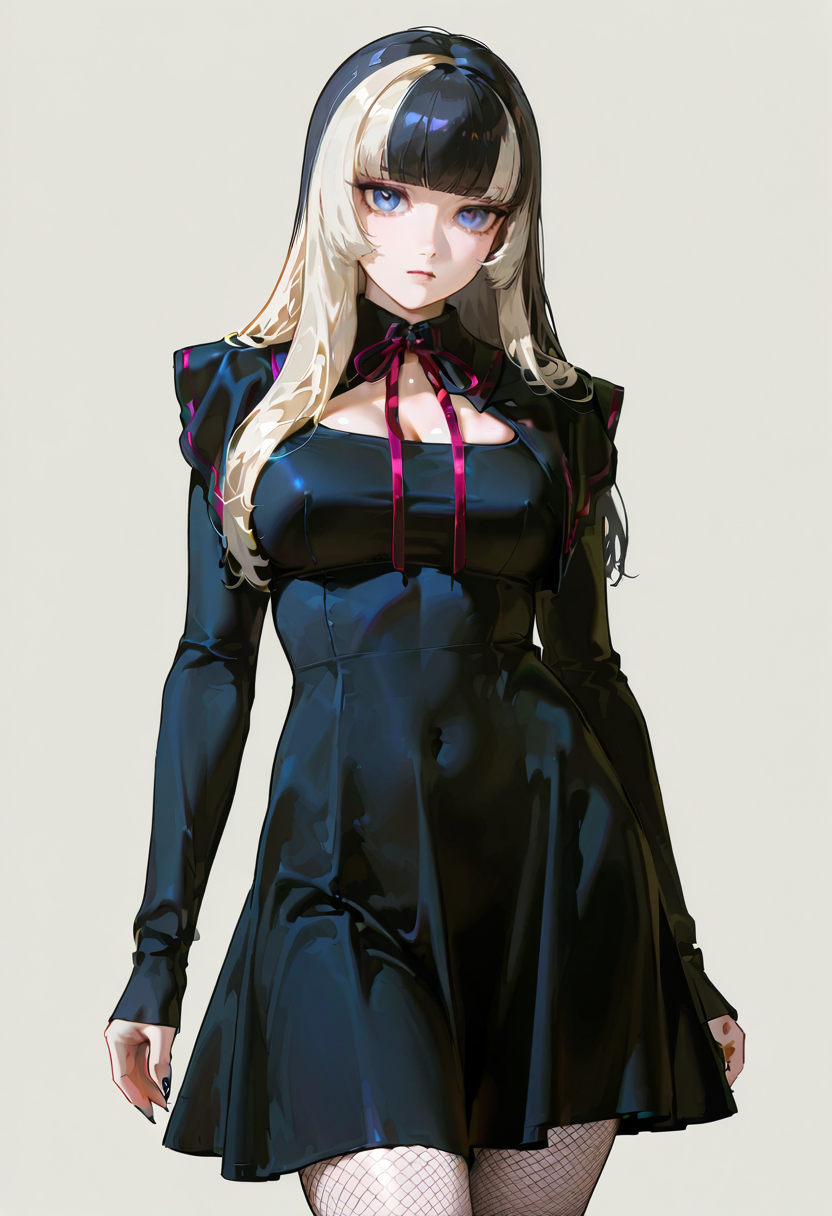 1girl,solo,looking at viewer, echo (circa), bm dress, black dress, fishnet pantyhose, capelet, juufuutei_raden