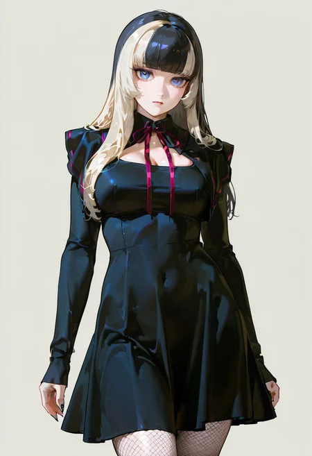 1girl,solo,looking at viewer, echo (circa), bm dress, black dress, fishnet pantyhose, capelet, juufuutei_raden