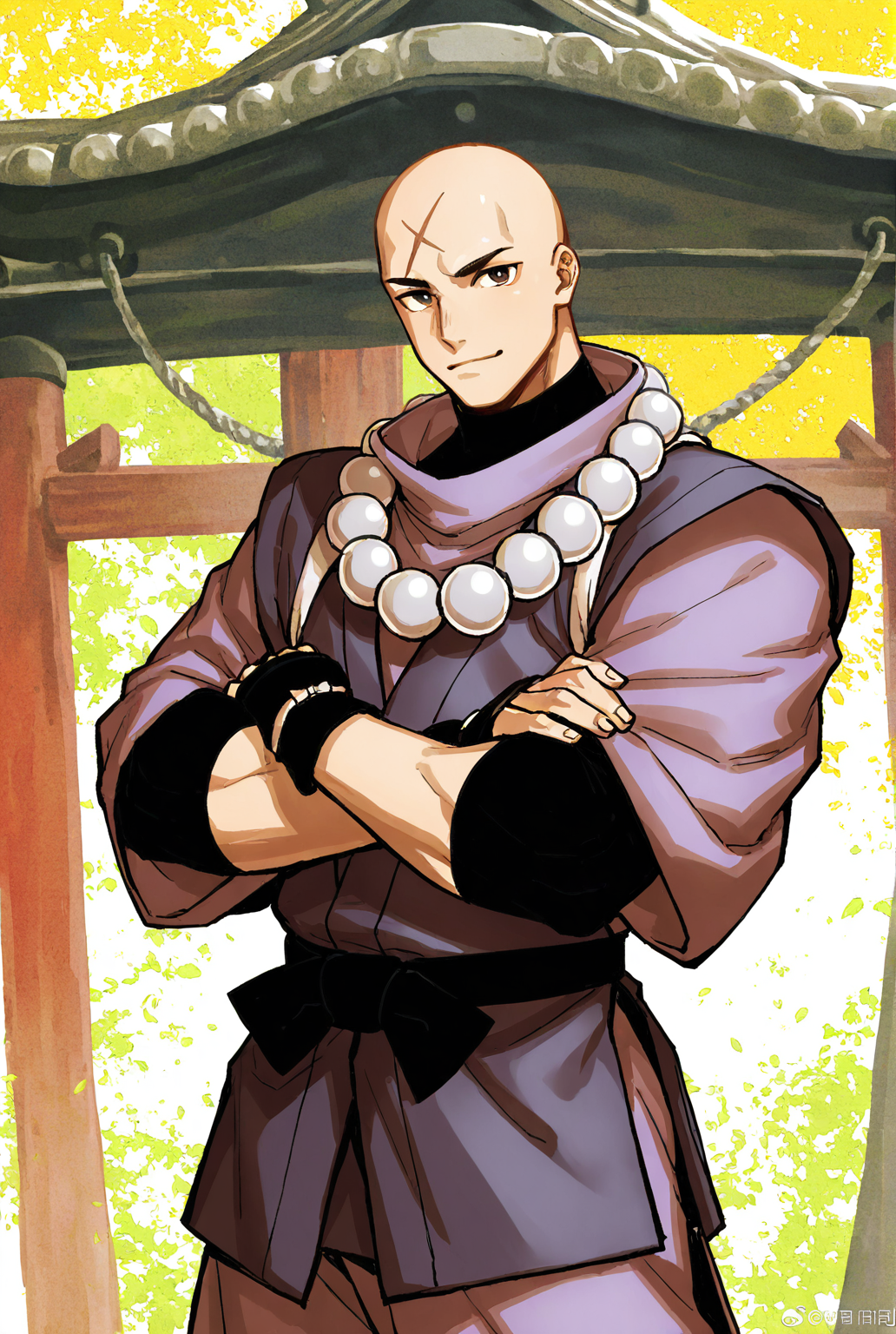 score_9,score_8_up,score_7_up,male focus,ultra-detailed,high resolution,digital painting,8k,1boy,solo,cowboy shot,bara,male focus,detailed face,bald,monk,beads,jewelry,necklace,japanese clothes,prayer beads,scar,scar on face,fingerless gloves,standing,crossed arms, looking at viewer,<lora:add-detail-xl:1>,<lora:FGO Hozoin Inshun:0.7>,fgo hozoin inshun,<lora:rokudenashi:0.5>,