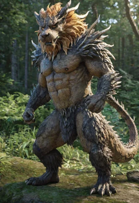 anthro, Male,  ((((DRAGON-Dragon))-(lion)-dragon) hybrid), , detailed background, forest background ((thick legs, long legs)),  (((dragon penis, balls))) (((Thick hirsute fur, fur covered torso, furry chest, densely furry belly, ))), BREAK, (unreal engine:1.5), (masterpiece, best quality, ultra realistic, 4k, 2k, (high detail:1.3), film photography, soft focus, RAW photo, photorealistic, analog style, subsurface scattering, photorealism, absurd res) <lora:fluffyrock-quality-tags-v2.1.1-vpred:1>