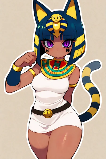masterpiece, best quality, absurdres, medium breasts, (curvy), cute, eyelashes, vivid colors, BREAK, ,,, , ,,, zzAnkha, animal crossing, animal ears, armlet, bare shoulders, belt, blonde hair, blue hair, blunt bangs, blunt ends, bob cut, cat ears, cat girl, cat tail, cropped, daniel deng, dark skin, dress, eye of horus, eyelashes, eyes visible through hair, facial tattoo, humanization, purple eyes, shiny skin, short hair, slit pupils, tattoo, usekh collar, white dress , <lora:AnkhaIXL:1.0>, ,,, , ,,, smile, looking at viewer, cowboy shot, ,,, abstract background, white outline, <lora:ZankuroIXLLight_v2:0.8>,