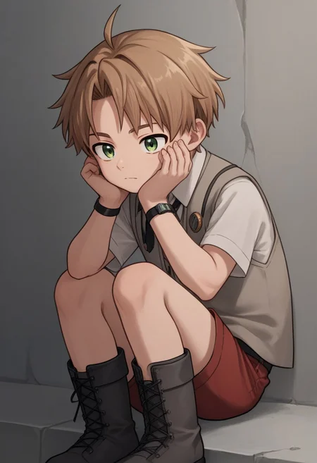 score_9, score_8_up, score_7_up, source_anime, highly detailed, cute boy, 1boy, solo, young, rudeus greyrat, light brown hair, green eyes, (short sleeve white button up shirt), (grey sleeveless vest), (black sleeveless jacket), bolo tie, red shorts, grey ankle length boots