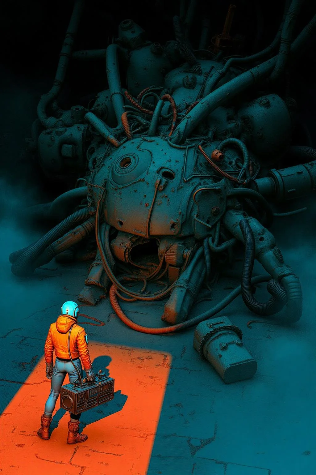 pascalblanche1 illustration.
The buried head of a giant mechanical creature with tubes, wires, and robotic parts looms in the center. In the foreground, a figure in an orange jacket and blue helmet, carrying a boombox, stands on a red path leading toward the creature. An orange light casts a shadow on the path. The setting features dark blue and orange tones, with intricate machinery and an industrial atmosphere. <lora:pascalblanche1_cap_d8a4:1.0><lora:860241135656812400:0>