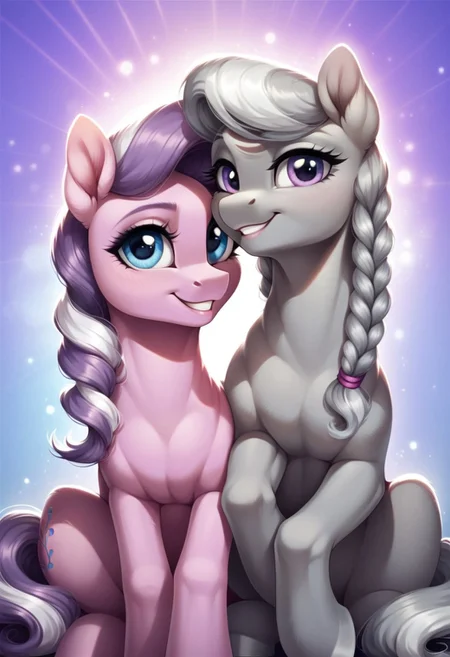 score_9, score_8_up, score_7_up, score_6_up, score_5_up, score_4_up, my little pony, ((feral pony)), Diamond Tiara, Silver Spoon, 2girls, ((duo)), (sexy), beautiful, detailed, (detailed cute pony face), detailed eyes, detailed fur, detailed hooves, beautiful, vector, flat colors, (beautiful long eyelashes), (beautiful hooves), (abstract background:1.8), (looking at you, looking at viewer:1.5), smile, happy, cute smile, ((close-up)), high angle