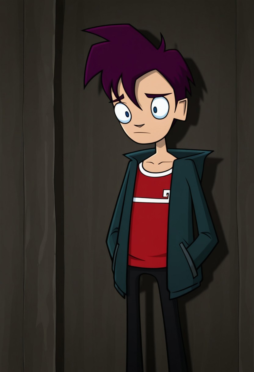 masterpiece,best quality,amazing quality, 
RandyCunningham, 1boy, male focus, solo, blue eyes, purple hair, shirt, red shirt, jacket, green jacket, open jacket,