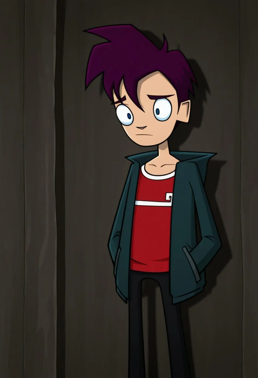 masterpiece,best quality,amazing quality,
RandyCunningham, 1boy, male focus, solo, blue eyes, purple hair, shirt, red shirt, jacket, green jacket, open jacket,