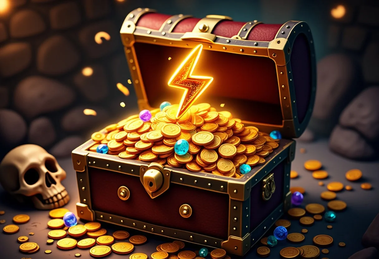 extremely detailed, ultra-detailed, realistic, detailmaximizer, High Definition, 4k, vivid colors, A treasure chest with its lid opened is overflowing with gold coins and beautiful gems and jewelry, on top of the pile of treasure is a shining golden 3d lightning bolt symbol, the background is a stone-walled dungeon, a skull lies on the ground nearby, bokeh, from above