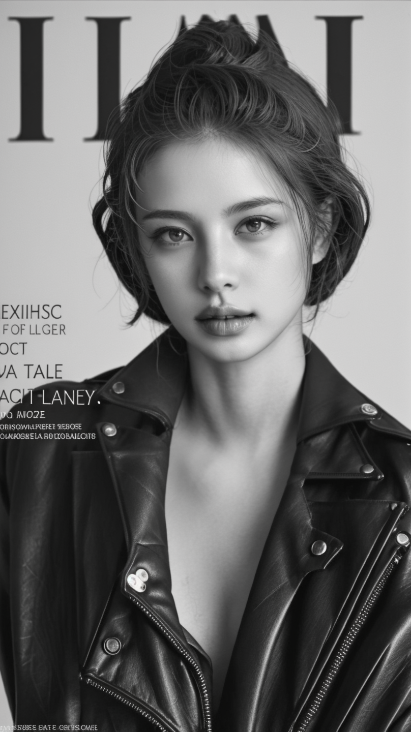 1girl, black gloves, brick floor, depth of field, gloves, jacket, leather, leather jacket, lips, monochrome, realistic, solo