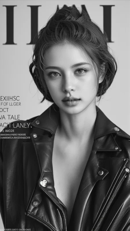 1girl, black gloves, brick floor, depth of field, gloves, jacket, leather, leather jacket, lips, monochrome, realistic, solo