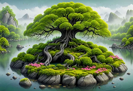 large tree on an island with lots of boulders in the water, moss grows where it can along with flowers, a multitude of trees can be seen forming a forest, artflwtr