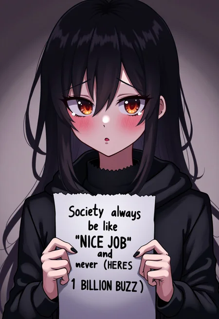 score_9, score_8_up, score_7_up, score_6_up,1girl, solo, holding paper saying "society always be like 'NICE JOB' and never 'HERES 1 BILLION BUZZ'", edgy expression, holding back tears, gothic, anime style, cute woman trying to look serious, silly atmosphere but trying to look edgy and failing, volumetric lighting, pout