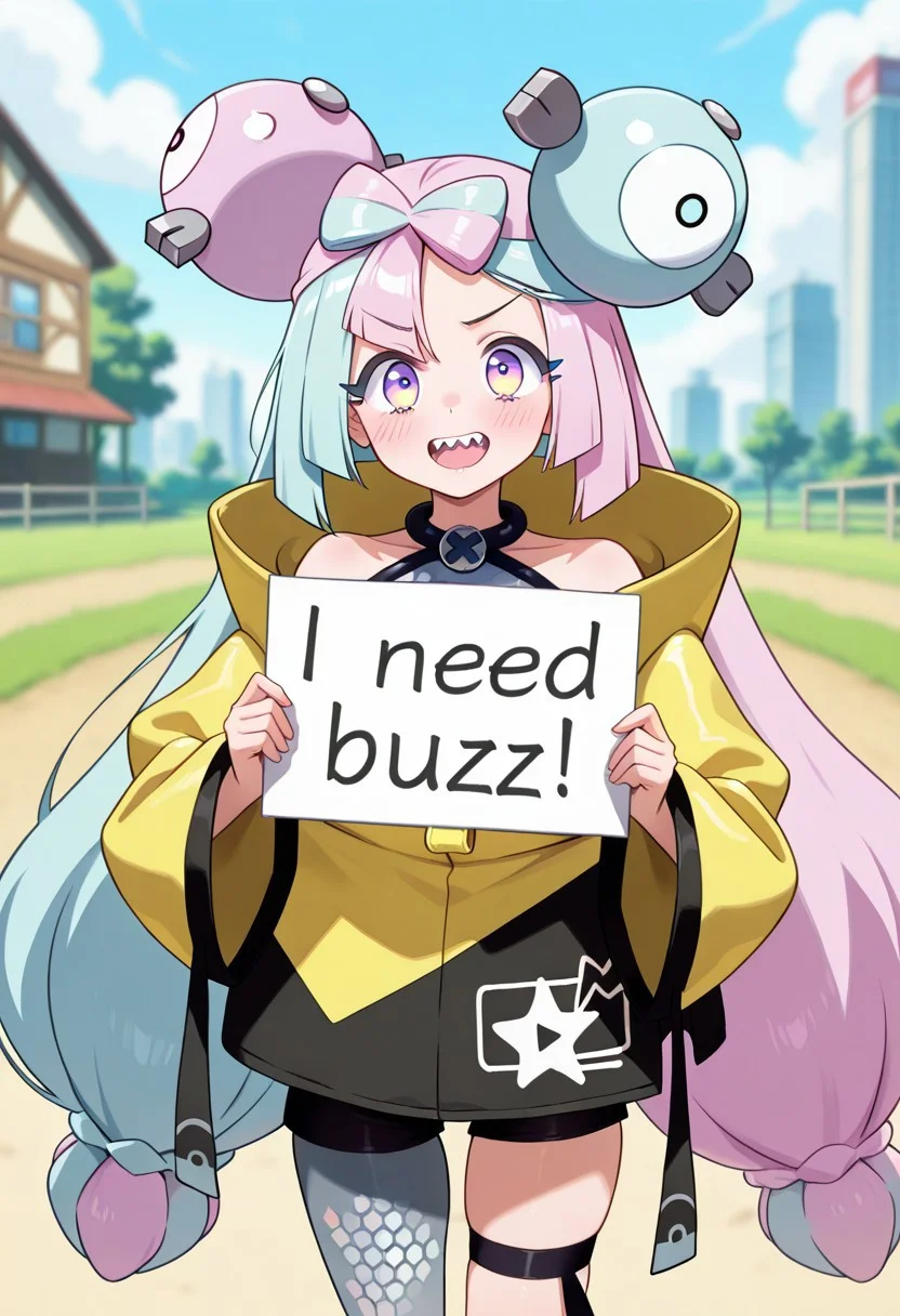 (pokemon iono, blue hair, bow-shaped hair, character hair ornament, hair ornament, long hair, low-tied long hair, multicolored hair, pink hair, sharp teeth, split-color hair, twintails, two-tone hair, pink eyes, asymmetrical legwear, bell, bow-shaped hair, character hair ornament, hexagon print, oversized clothes, pantyhose, single leg pantyhose, split-color hair, jacket, yellow jacket, Downtown, depth of field, blurry background), (((need_buzz, Holding a sign that reads "I need buzz", holding sign, solo))), Stable contrast, (detailed eyes, perfect anatomy, perfect hands:1.3), (score_9, score_8 up, score_7 up, source_anime, masterpiece, best quality, high quality, amazing quality, very aesthetic, absurdres:1.5),