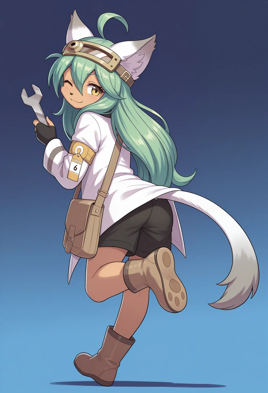 masterpiece, best quality, amazing quality, suzettesr, colorful, 1girl, solo, full body, petite, from behind, looking back, furry female, cat girl, animal ears, tail, animal nose, green hair, shiny hair, body fur, long hair, ahoge, one eye open, ^ ^, yellow eyes, smile, goggles on head, white jacket, open clothes, armband, tag, shorts, boots, one leg up, standing on one leg, paw print soles, fingerless gloves, holding wrench, shoulder bag, blue background, gradient background