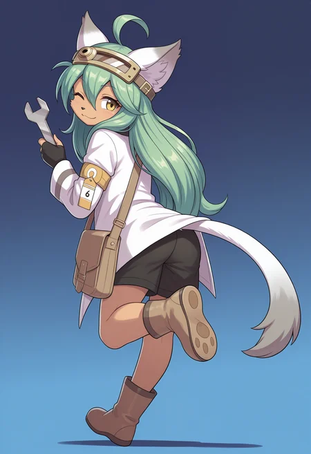masterpiece, best quality, amazing quality, suzettesr, colorful, 1girl, solo, full body, petite, from behind, looking back, furry female, cat girl, animal ears, tail, animal nose, green hair, shiny hair, body fur, long hair, ahoge, one eye open, ^ ^, yellow eyes, smile, goggles on head, white jacket, open clothes, armband, tag, shorts, boots, one leg up, standing on one leg, paw print soles, fingerless gloves, holding wrench, shoulder bag, blue background, gradient background