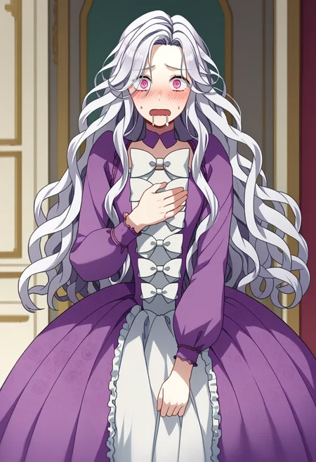 score_9, score_8_up, score_7_up, source_anime, rating_explicit,
BREAK
1girl, solo, <lora:shiAbiMomV1:1.0>,
shiabidef, vnstyle,
white hair, pink eyes, long hair, wavy hair, very long hair,
frilled dress, purple dress, long sleeves, frills, long dress, puffy sleeves, white bow, white dress,
looking at viewer, open mouth, shy, blush,
grabbing own breast, drooling,