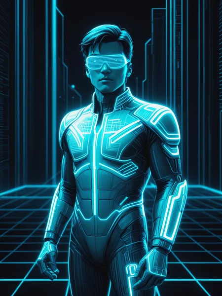 mad-cyberspace, man, teal glowing outlines, teal coloring, dynamic pose, grid, cyberpunk, 1980s, retro, scifi, cityscape <lora:Neon_Cyberpunk_Cyberspace_SDXL_v2:0.8>, (masterpiece:1.2), best quality
