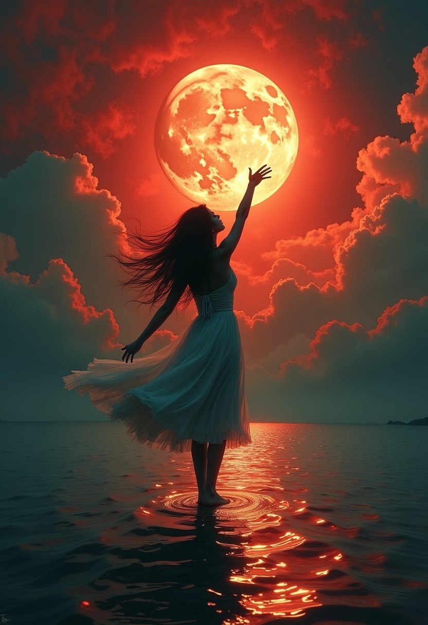A captivating, dramatic scene in a painting that exudes mystery and foreboding. A fiery red sky, swirling clouds, and a full moon illuminates a solitary woman standing atop the water reaching for the moon. Her hair and dress flow in the wind. The water mirrors the fiery sky and moonlight, amplifying the somber atmosphere. The composition emphasizes the woman's isolation and vulnerability, with her outstretched arms reflecting longing and despair. This vibrant, cinematic work of conceptual art creates a haunting impression., conceptual art, painting, vibrant, cinematic