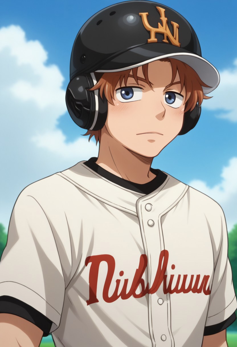 score_9, score_8_up, score_7_up, source_anime, highly detailed, 
fumiki, 1boy, male focus, brown hair, sportswear, helmet, baseball uniform, solo, blue eyes,