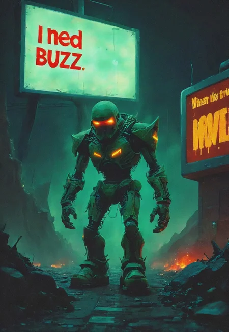 a vast, endless cyber-highway of broken neon billboards and flickering browser tabs, the asphalt pixelated and shifting with corruption, Bionicle Sean marches forward, his massive metal boots leaving behind distorted footprints in the digital dust, ((need_buzz)), holding sign that reads "I need buzz!", his cybernetic half-face glitching between identities, his elongated limbs jittering like a buffering video, he takes a deep pull from his modem vape, releasing a fog of nostalgic internet fragments, pop-up ads and lost Napster downloads swirling around him, the distant hum of a dial-up connection struggling to connect as he wanders toward the fading edge of cyberspace
in the style of the decaying empire of Wurstreich, dark magic and grotesque creatures abound, inspired by Sean Aaberg's punk aesthetic, dark fantasy world combines grim landscapes with vibrant, exaggerated colorful art, heroes skirmish monstrous foes in a setting where rebellion, decay, and mysticism intertwine, crafting a unique, immersive vibe
, the scene is captured in dimly lit dark fantasy but vibrant colors, with bold ink lines defining form against the watercolor wash of the aged paper
