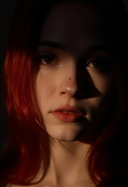 A close-up of a girl with red hair. Her lips are parted, and the sunlight creates contrast with the dark theme, adding depth to her realistic features.