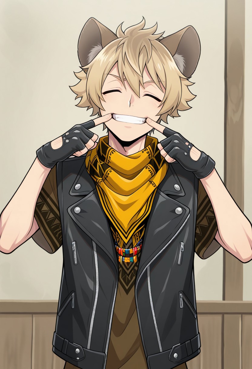 masterpiece,best quality,amazing quality, source_anime,
RuggieBucchi, 1boy, animal ears, male focus, closed eyes, smile, solo, facing viewer, blonde hair, dorm uniform, neckerchief, shirt, brown shirt, short sleeves, jewelry, necklace, jacket, cropped jacket, sleeveless jacket, open jacket, gloves, black gloves, fingerless gloves, fingersmile, upper body,