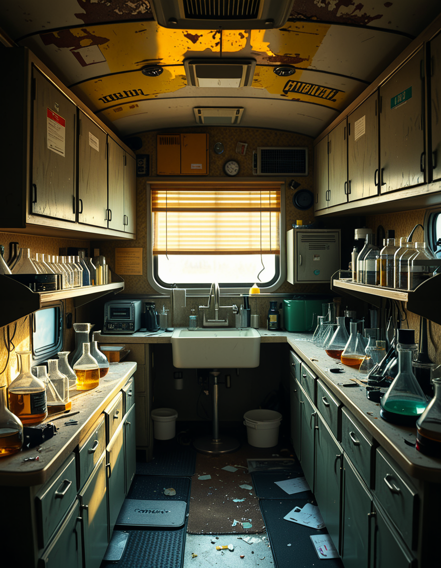 The interior of an old RV converted into a clandestine drug laboratory, inspired by the TV series Breaking Bad. The space is cramped and messy, filled with scientific equipment, glass beakers, flasks, burners, chemical containers, and lab tools scattered around. The walls are aged and stained, with peeling wallpaper and old metallic cabinets. A small sink area is cluttered with dirty lab glassware. The lighting is dim and tinted yellow, with sunlight barely filtering through dusty blinds. The floor is grimy, with a mix of rubber mats and worn carpet. The overall atmosphere is tense and gritty, capturing a sense of secrecy and danger. Hyper-realistic style, cinematic composition, rich in textures and shadows.
<lora:SDXLFaeTastic2400:0.4> <lora:extremely_detailed:0.4> extremely detailed,<lora:old_RV_drug_l4b0r4t0ry:1>,old RV drug l4b0r4t0ry, Masterpiece,best quality,hi res,8k,hi res,8k,award winning,(sharp focus, intricate, highly detailed),