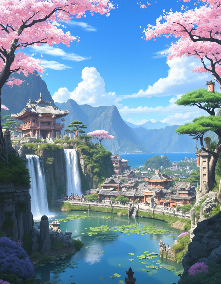 <lora:City_Worlds_02__Lost_-_Temple:1> cw02lost, a forgotten, asian old temple city on a mountain, waterfall, lanterns, pond, cherry blossom, sunny day, blue sky, clouds, sun shades, traditional houses ââspread over several mountains, poetic, twisted tree, islands, sea, reflections, depth of view, warm colors, anime style, ghibli style,