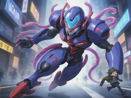 city,solo,giant mecha,biomechanical robot,tentacle hair,running,action pose,scene from neon genesis evan-jellymon,2d,anime style, <lora:JellymonXLV2:0.45>