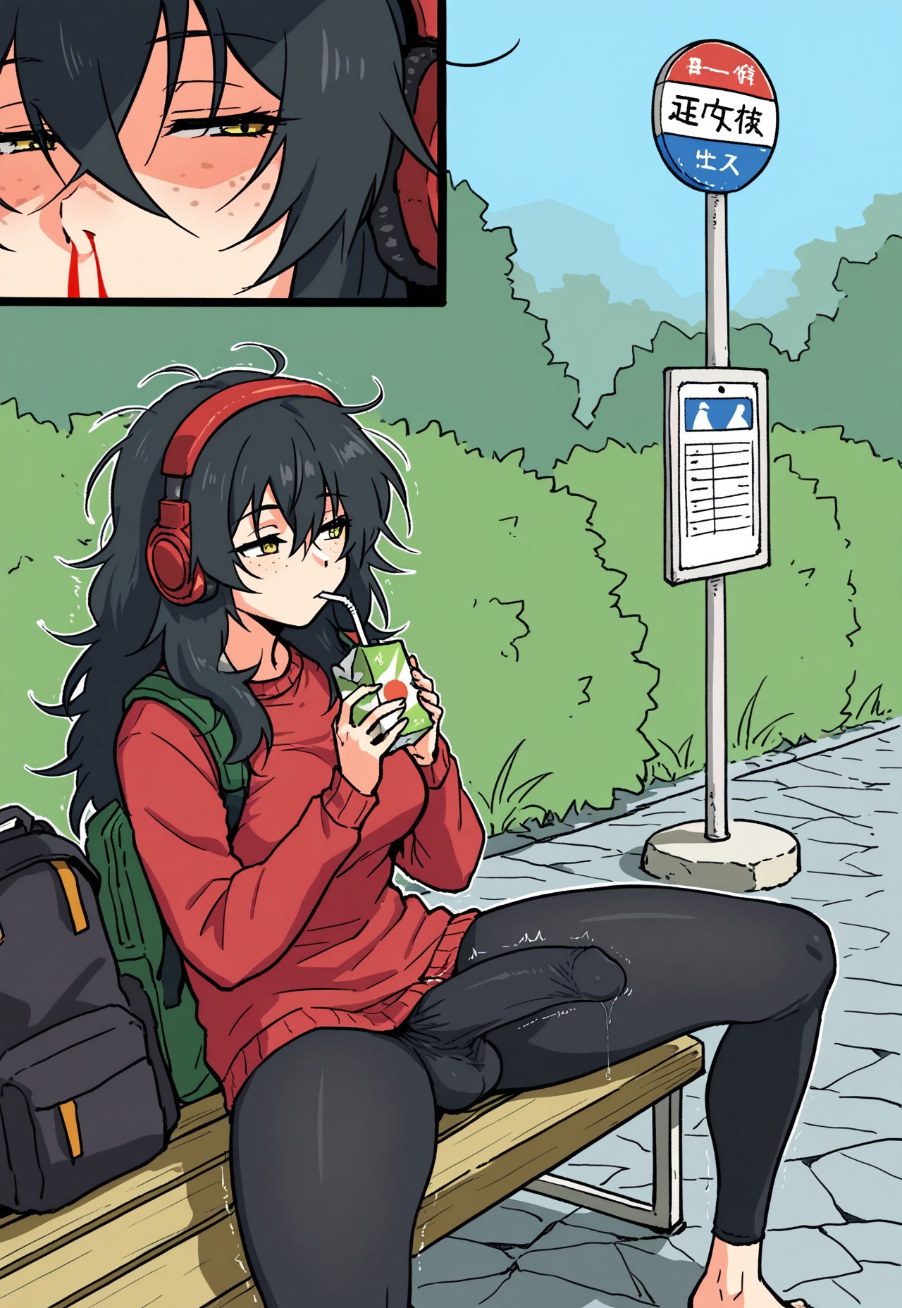 safe_pos, safe_pos, masterpiece, 1girl, sitting, spread legs, drinking, two-handed, drinking straw, juice box, (close-up), medium breasts, red pullover, long sleeves, backpack, black yoga pants, futanari, bulge, fhb, twitching penis, expressionless, raised eyebrows, neet, black hair, messy hair, long hair between eyes, headphones, looking to the side, yellow eyes, freckles, half-closed eyes, aroused, nosebleed, aroused nosebleed, outdoors, bench, bus stop, bus stop sign, bush, grass, stone floor, day,