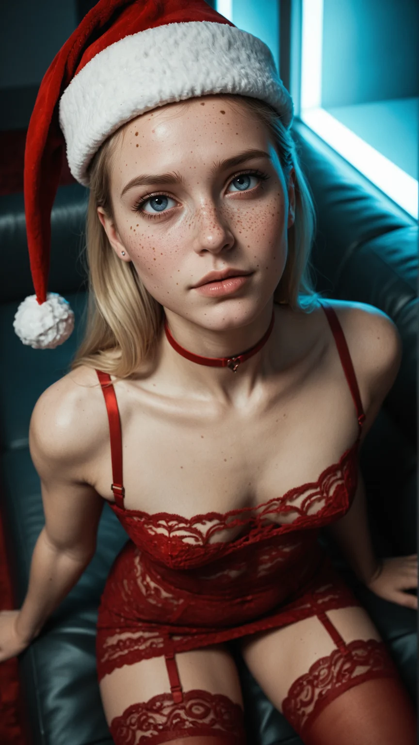 score_9, score_8_up, score_7_up, score_6_up, score_5_up, score_4_up, portrait, reij-xms2, red lace dress, red santahat, red stockings, red choker <lora:reij-xms2:0.9>, sitting, couch, glowing neon reflection, glossy lips, cyberpunk vibe, dramatic high angle, high-angle, elegant neckline, soft shoulder curve, gentle tilt, subtle shadows, refined elegance, eye view, face focus, freckles, asymmetric lighting, natural makeup, upward tilt, low-angle, sharp jawline, emphasized collarbones, diagonal light, dramatic shadows, confident posture, seductive dynamic perspective, blonde hair, long hair,