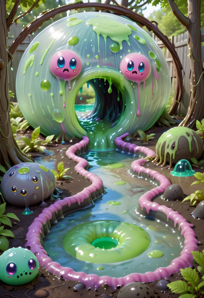 A backyard adventure where kids discover a portal to a slime-covered alternate dimension complete with blobby slime creatures and neon slime rivers <lora:Everly_Heights_Comics:1>