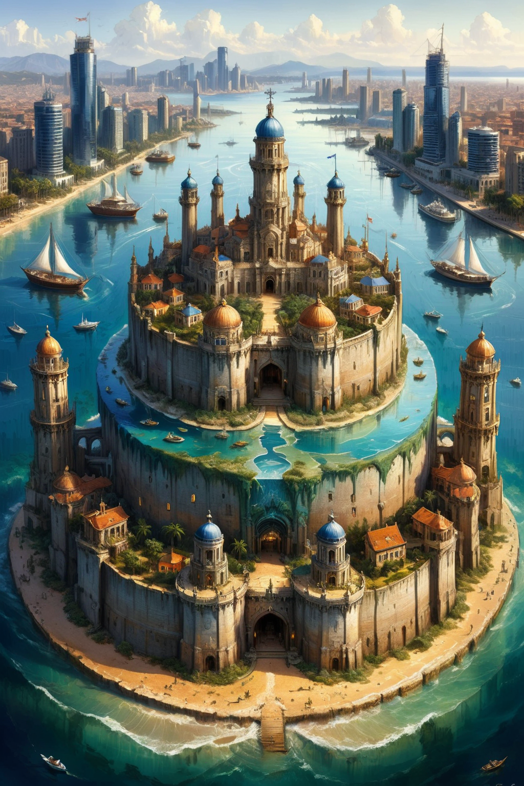 The city is situated on the sea, surrounded by a circular shape of water, creating a picturesque setting. Its overall appearance resembles a multi-layered cake, with each tier rising above the other. At the highest point of the city, water flows downward into the sea, creating a dynamic and captivating sight. The surface of the sea is dotted with anchored ships, adding to the maritime charm of the city.
<lora:add-detail-xl:0.85>,
<lora:EnvyBetterHiresFixXL01:1.0>,
<lora:extremely_detailed:1.5>, extremely detailed,
<lora:ral-fntsyrlms-sdxl:0.8> ral-fntsyrlms,
<lora:LaxpeintXL-2.0:0.6> digital painting,