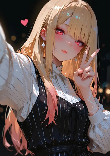 masterpiece, lazypos, ultra-HD, cinematic lighting, photorealistic, impressionism (1.5), high detail, depth of field, (blurred background), (dramatic lighting), masterpiece, best quality, very aesthetic, 8k, masterpiece, best quality, realistic, heart, looking at viewer, 7481llu,  Enchanting Eyes, 69yottea_style_illu,

BREAK

Dynamic angle, (Dynamic pose), pretty girl, upper body, pretty girl, delicate face, delicate features, smooth porcelain skin, flawless skin texture, ethereal, blush, selfie, peace sign,

1girl, solo, Kitagawa Marin\(sono bisque doll\), blonde hair, red eyes, long hair, blush, pink earrings, jewelry, multicolored hair, striped clothes, (white) clothes, (striped dress), vertical-striped dress,

BREAK

simple_background, black background,
