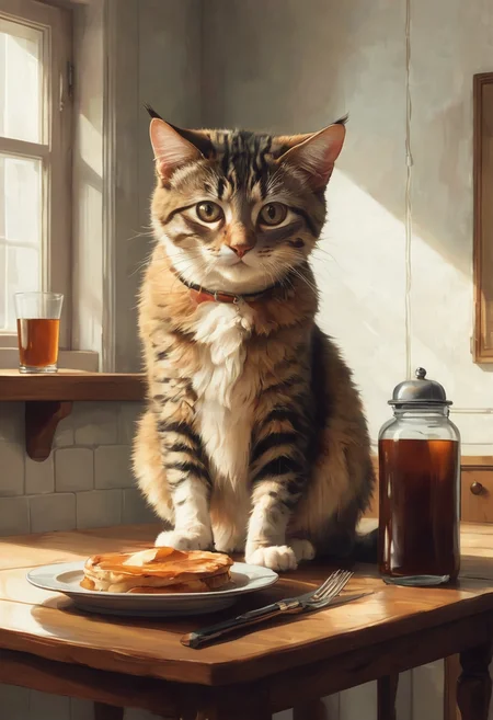 Positiv Clip L
cat
Positive Clip G
A cat sits on a wooden table and looks at a stack of pancakes with syrup
Positive Refiner
A cat sits on a wooden table and looks at a stack of pancakes with syrup
---------
