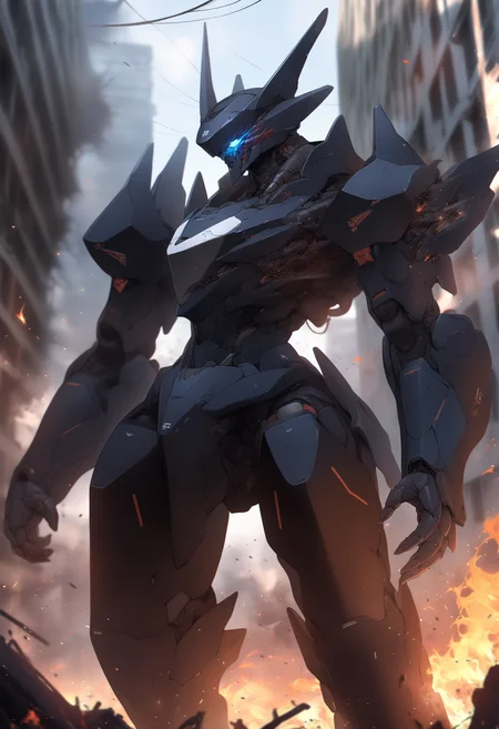 best quality, amazing quality, very aesthetic, absurdres,
mecha, no humans, black armor, blue eyes, science fiction, fire, war, conflict, destroyed city background, <lora:NijijourneyNoob_byKonan:1>