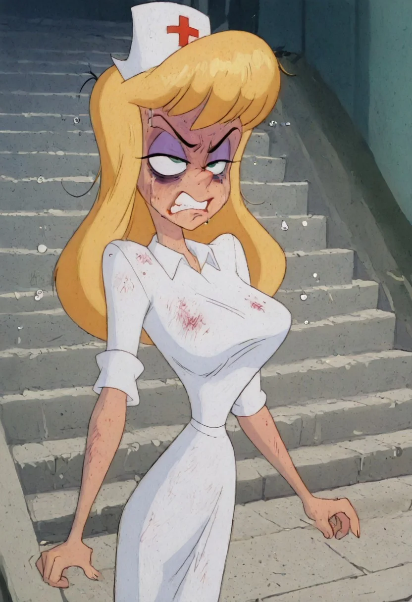(((Hello Nurse is extremely dirty))).((((((((She is total loser))))))),(((((She is losing fight)))),((((She is extremely dissapointed)))))),(((She is hateful and revengeful)))),((((She is kowtowing))))), (((((((She is extremely beaten, bruised and wounded))))))),(((She is in total hate and disgust))).(((She has large bruises under her eyes))).(((Her life is totally broken)))). ((((Nobody respecting her))). ((((She was ashamed and ridiculed for weeks)))).(((((She was offended and humiliated for weeks)))), (((((Her nervous system is ruined))))). (((She is distressed and heartbroken))). (((Her dress is dirty))). (((((Her face is beaten after lots of fights and fallings from stairs))))). (((((She is angry and exhausted))))). Everything is she wants is revenge. Everyone hates her. She is poor and sick. (((amazing quality))), absurdres,,((((1girl)))),(((alone)))), (((hellonurse))),,(((angry))), (((exhausted:1.5)))),((((((masterpiece))))),,((((extremely beautiful image)))),(((beautiful light))),((((best detailing)))),(((disgusting))),(((offended))),((((extremely heartbroken)))), blonde hair, teal eyes, (((1girl))), alone, big breasts,((((slim body)))))nurse outfit, Heloise Nerz, hellonurse, dirty, detailed body, detailed face, highly detailed body, highly detailed face, dynamic pose, posing, ((((((angsty))))), (((((furious)))))), (((((submissive)))))), 1girl, , (((((bags under eyes))))), crazy emotion, narrow waist.