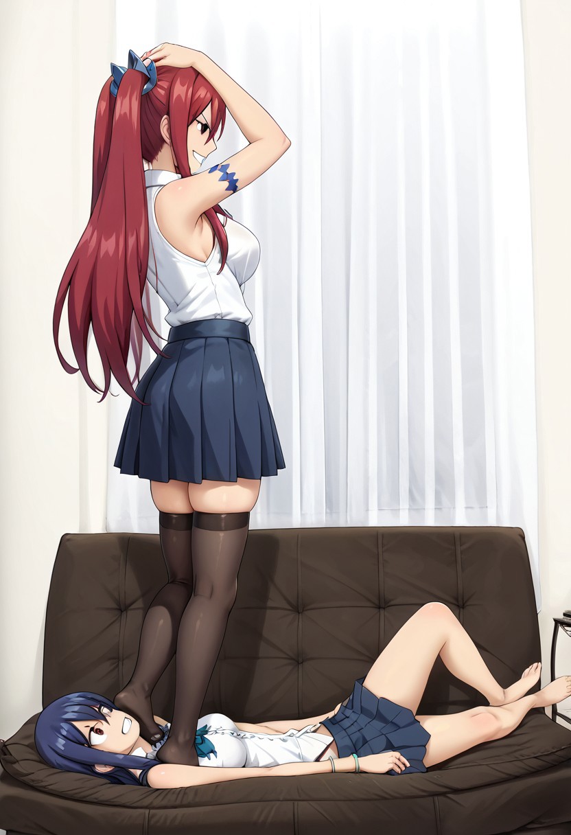 score_9,score_8_up,score_7_up,score_6_up,source_anime, studio lighting, dynamic, Crush_Trample, trample, lesbian domination, dents from trampling, crush, trampling, one girl stands on another girl,
erza scarlet trample wendy marvell, (2 different girls with different hair and different clothes:1.3), side view,
BREAK 
first girl: (1girl, top, erza scarlet, long hair, red hair, hair between eyes, brown eyes, nylon feet, latex blue skirt, shirt, bow, sleeveless, sleeveless shirt, tattoo, white shirt, stockings, frills, dominatrix, trampling, erza scarlet tramples wendy marvell's boob, stepped on boob, crush boob, erza scarlet tramples wendy marvell's belly, dominant girl, skinny, athletic, skindentation, looking down, evil grin), foot domination, foot worship,
BREAK
another girl: (1girl, bottom, wendy marvell, long hair, hair ornament, twintails, blue hair, bare shoulders, armlet, small boobs, naked boobs, school uniform, wendy marvell lying on sofa, petite, submissive, wendy marvell pain face, skindentation),