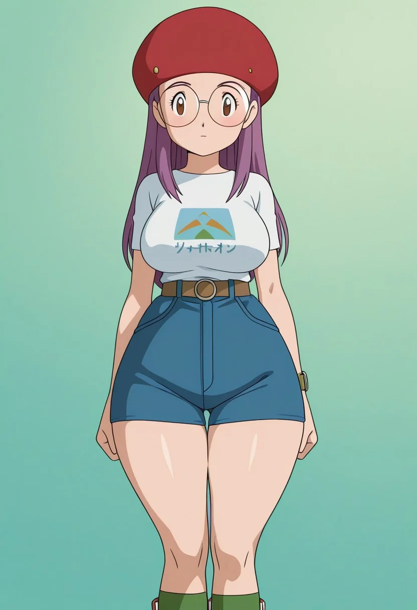 anime screencap, anime art style, digimon adventure 02, yolei inoue, red beret, round glasses, green short-sleeve t-shirt, graphic t-shirt, blue high-waisted shorts, green socks, burgundy sneakers, wristwatch, 1girl, glasses, hat, solo, long hair, shirt, belt, red headwear, short sleeves, t-shirt, beret, white shirt, pants, green background, brown eyes, 2outfit, summer clothes, 1 Character, thick thighs, wide hips, large breasts, saggy breasts,
