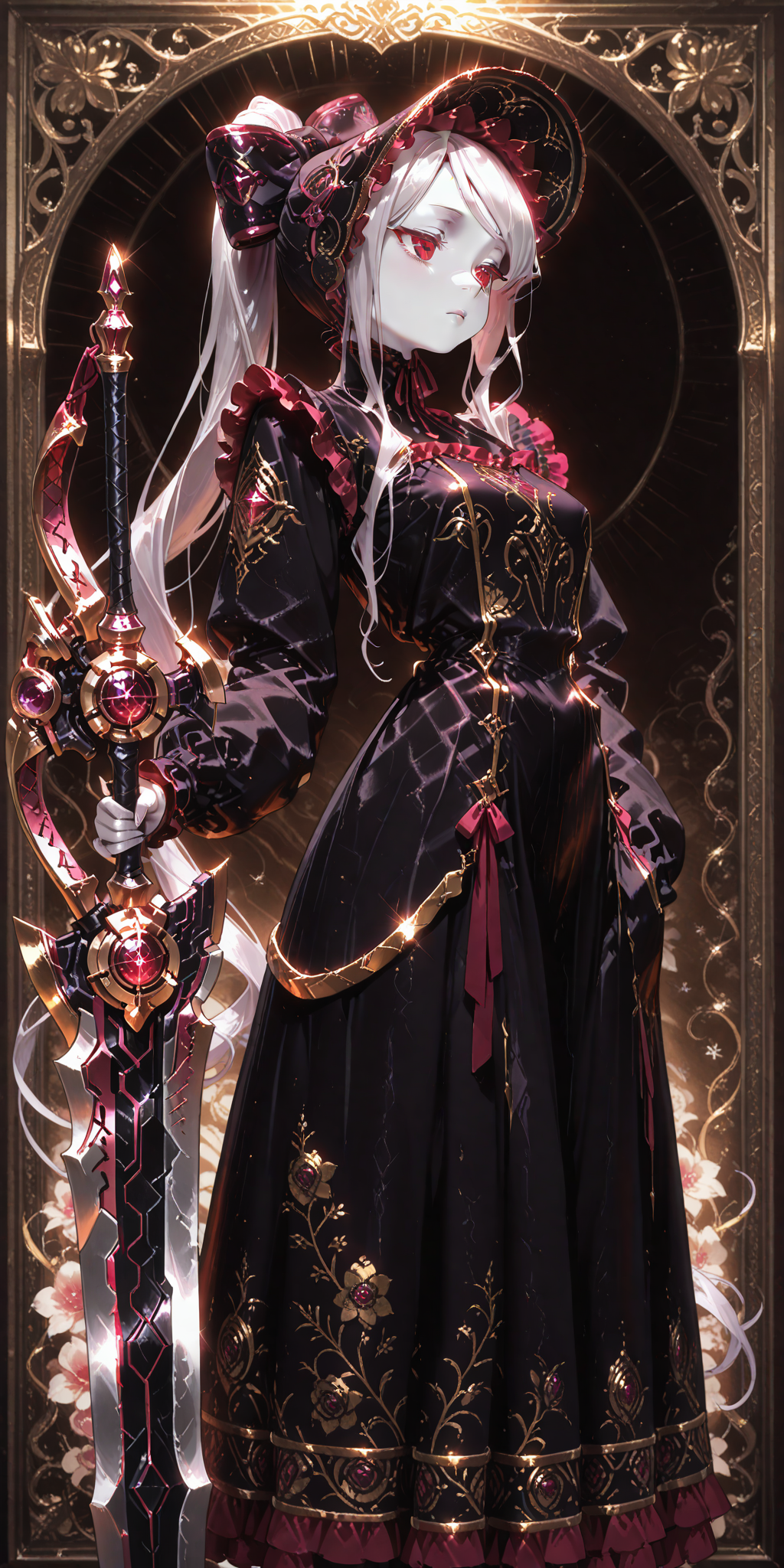<lora:Aurastronger_SDXL:0.8>,<lora:add-detail-xl:0.6>,(1girl:1.2),anime,solo,concept art,very aesthetic,luxury [thug] girl,looking at viewer,cute,metallic,gangster style,(anime face),anime wallpaper,anime outlines,black outlines,hand in pocket,gold trim,luxury,kawaii style,(cream background),artistic poster composition,(floral detail and pattern:1.2),ornate_border,(hiro \(dismaless\)),[[baffu]],(dark theme:1.2),(photo \(medium\):0.8),cinematic light,masterpiece,best quality,amazing quality,very aesthetic,absurdres,newest,volumetric lighting,<lora:holographiccolor:0.6>,<lora:cfg_scale_boost:0.6>,<lora:ponyv6_noobE11_2_adamW>,<lora:DarkerThanBlackIllustrious:0.8>,(giant weapons:1.4),holding sword,broadsword,Huge sword,headband,headwear,<lora:IlluShalltear:0.8>,illushalltear,pale skin,red eyes,long hair,ponytail,hair bow, bonnet, black dress, long sleeves, frilled dress,ponytail,