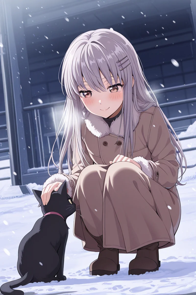 masterpiece, best quality, amazing quality,
<lora:Yukina_IL:1> yukina, 1girl, cat, long hair, hair ornament, blush, hairclip, petting, brown eyes, snowing, black cat, solo, squatting, snow, outdoors, fur trim, bangs, smile