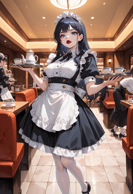 masterpiece, best quality, absurdres, highres, newest,<lora:cfg_scale_boost:.7> ,  
gaiaxiv, blue eyes, red lips, black hair,  medium breasts, waitress, restaurant, solo focus, 
 maid, maid headdress, white pantyhose, maid apron, mary janes, holding, holding tray, tea, teacup,
<lora:Gaia_XIV_IL:1>